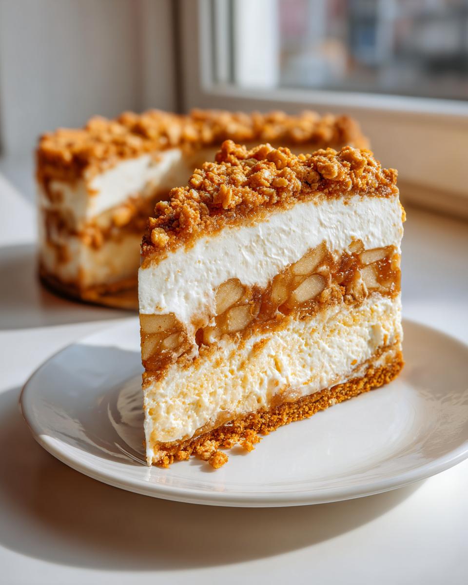 A tall slice of layered apple pie cheesecake on a white plate, featuring cheesecake, apple filling, and crumble topping.