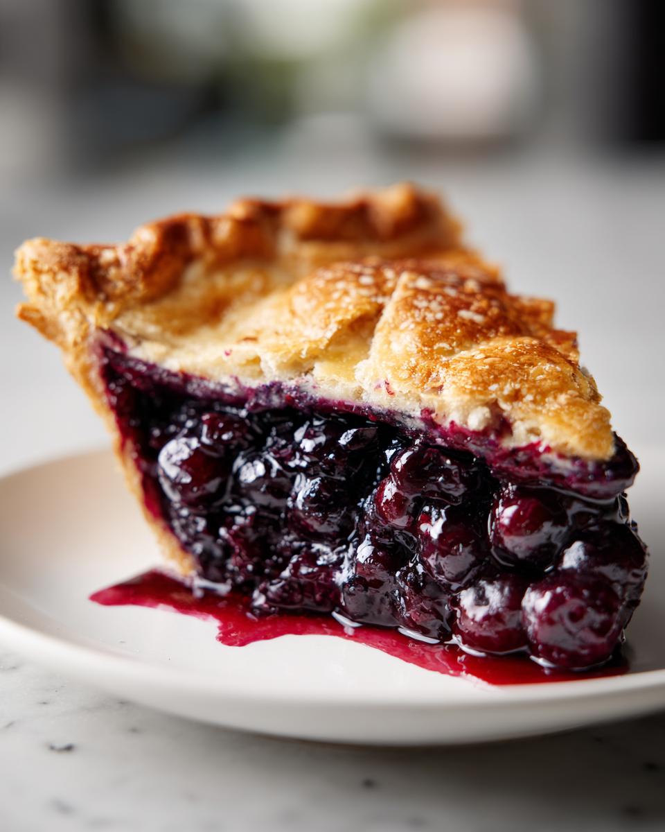 Close-up of a juicy slice of blueberry pie recipe showing thick, dark blueberry filling and flaky golden crust.