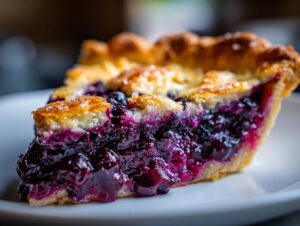 Close-up of a thick slice of blueberry pie recipe showing juicy, dark purple filling and a flaky, sugared crust.