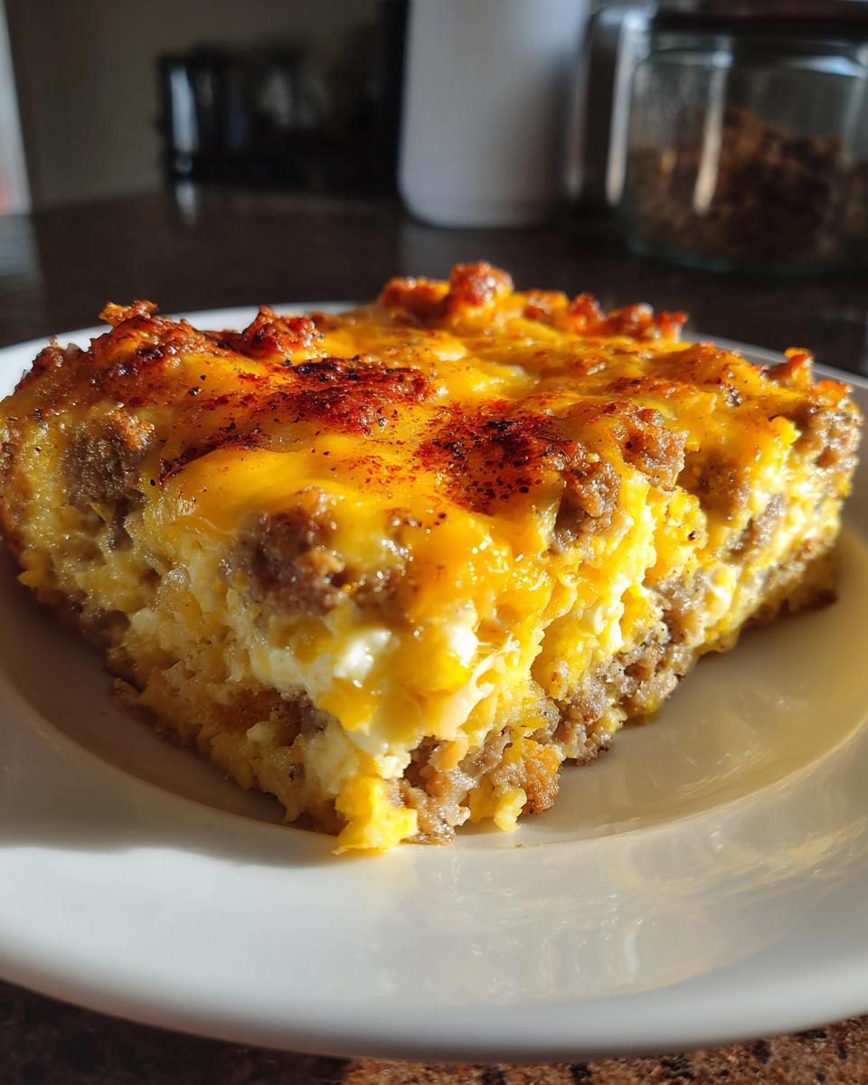Close-up of a hearty slice of christmas breakfast casserole with eggs, sausage, and melted cheddar cheese.