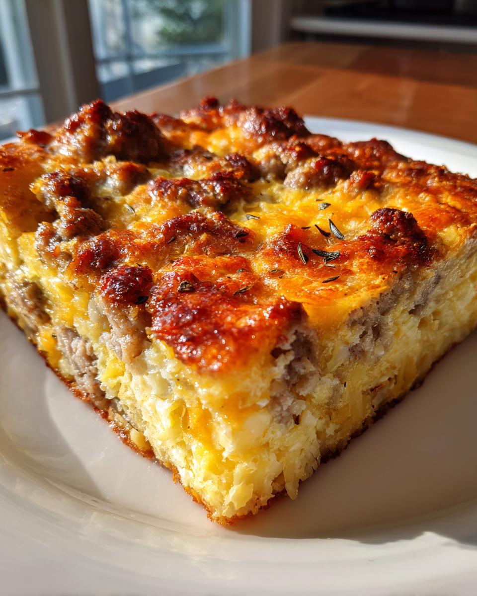 Close-up of a golden brown slice of Christmas breakfast casserole with sausage and melted cheese.