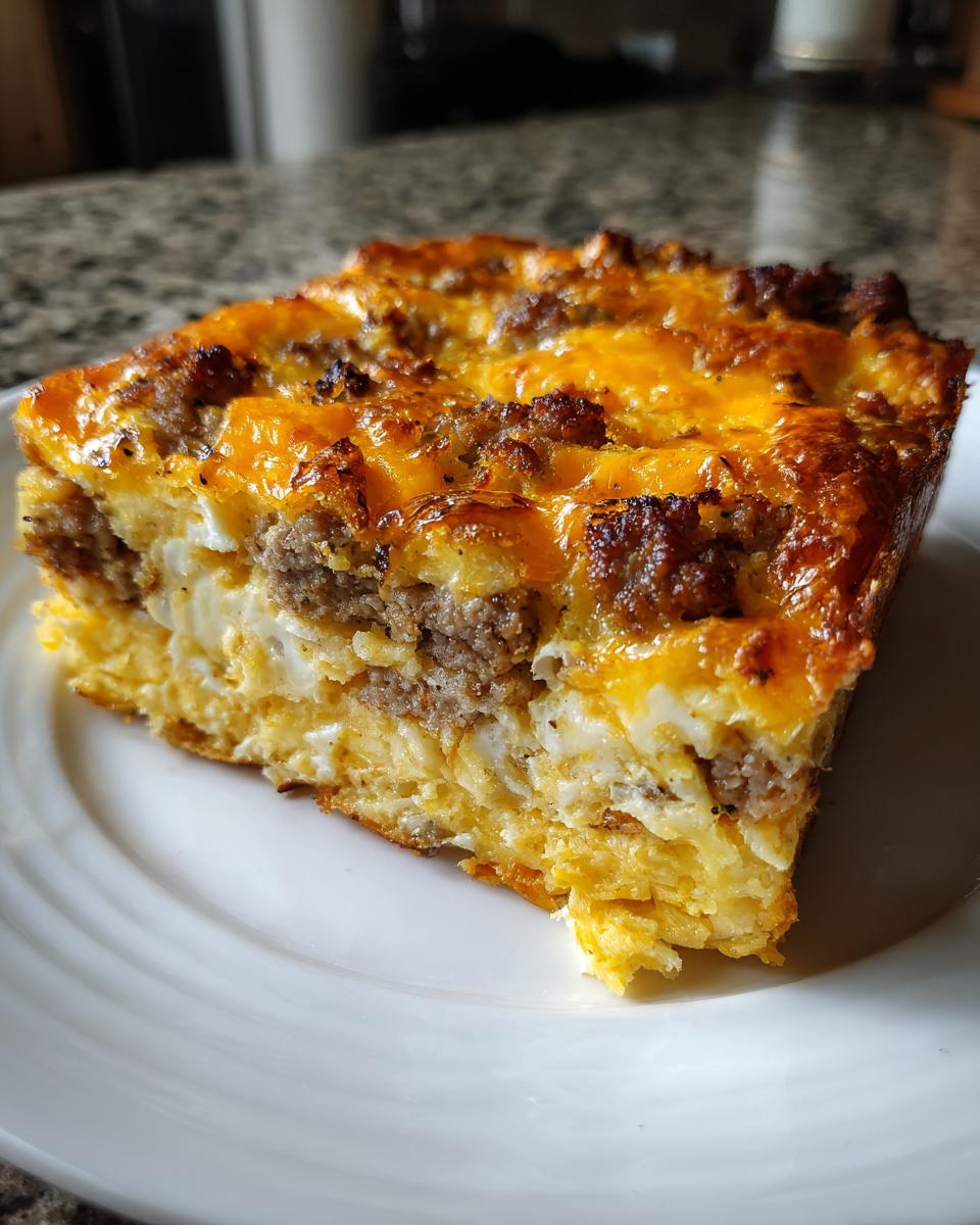 A square slice of baked christmas breakfast casserole featuring layers of egg, sausage, and melted cheddar cheese.