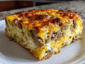 A close-up slice of a hearty christmas breakfast casserole featuring sausage, eggs, and a golden-brown cheesy top.