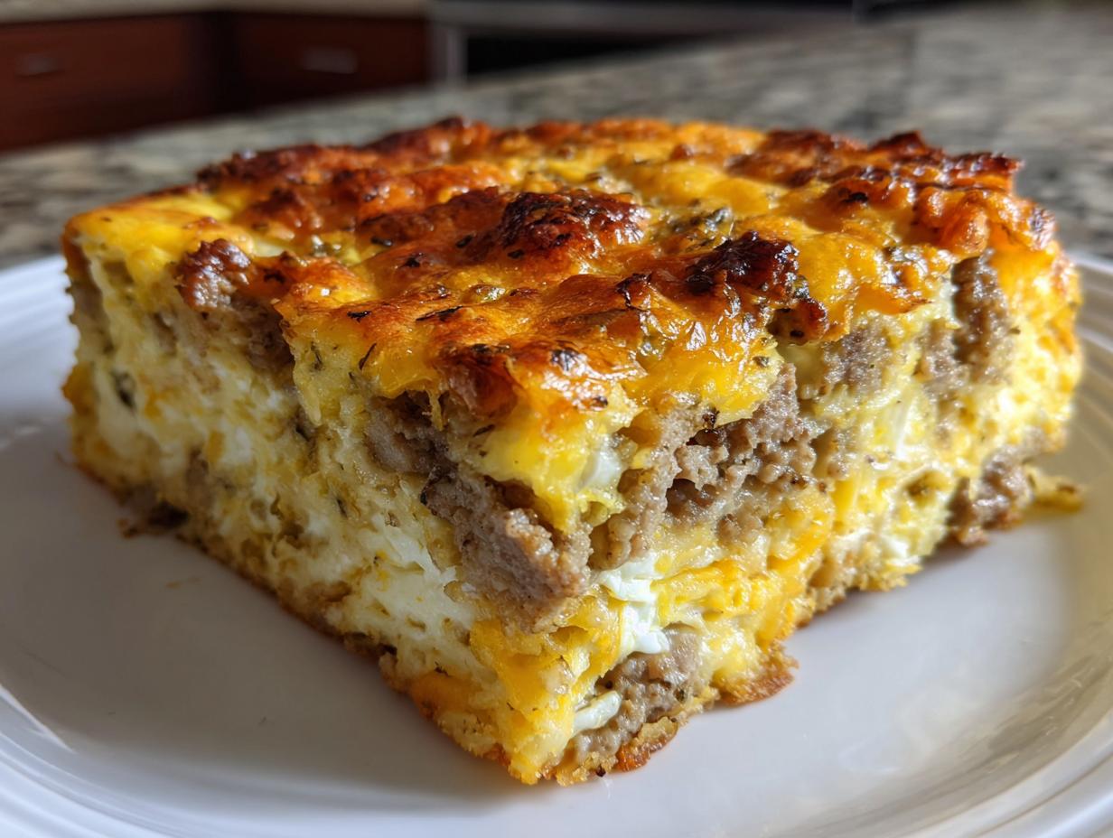 A close-up slice of a hearty christmas breakfast casserole featuring sausage, eggs, and a golden-brown cheesy top.