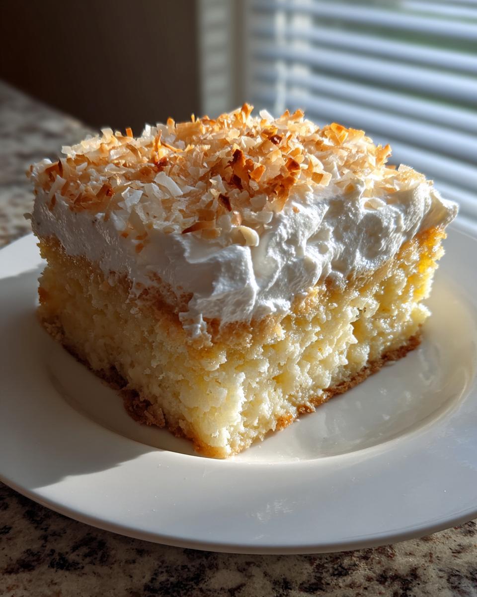 A square slice of moist coconut poke cake topped with whipped cream and toasted coconut flakes.