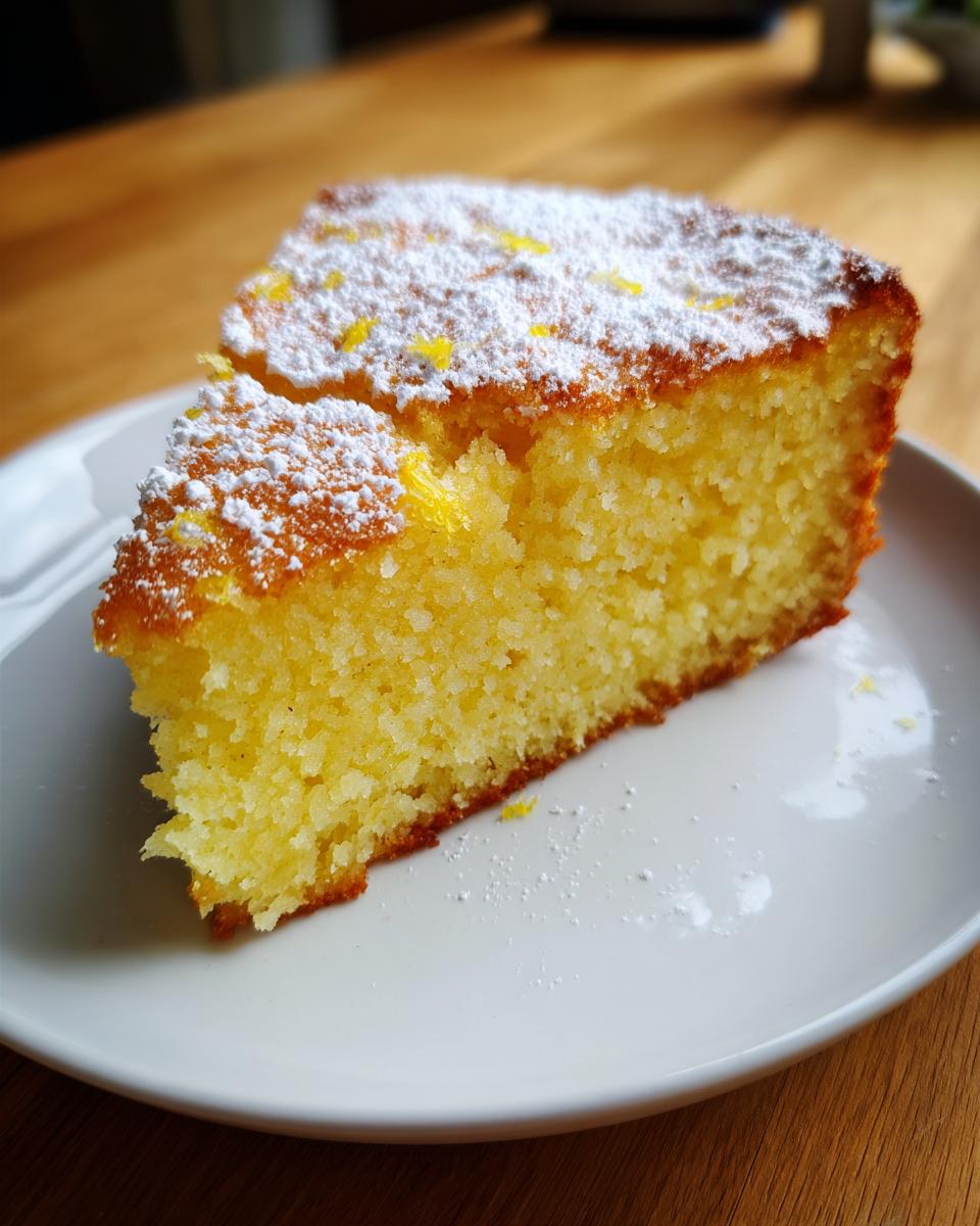 Close-up of a moist slice of yellow olive oil cake dusted with powdered sugar and lemon zest.