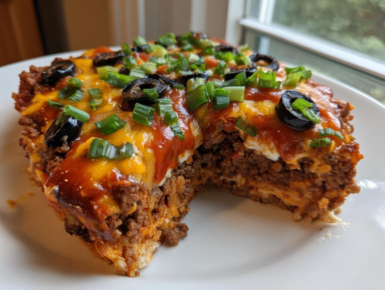 A thick slice of layered mexican pizza showing ground beef, cheese, sauce, olives, and green onions.