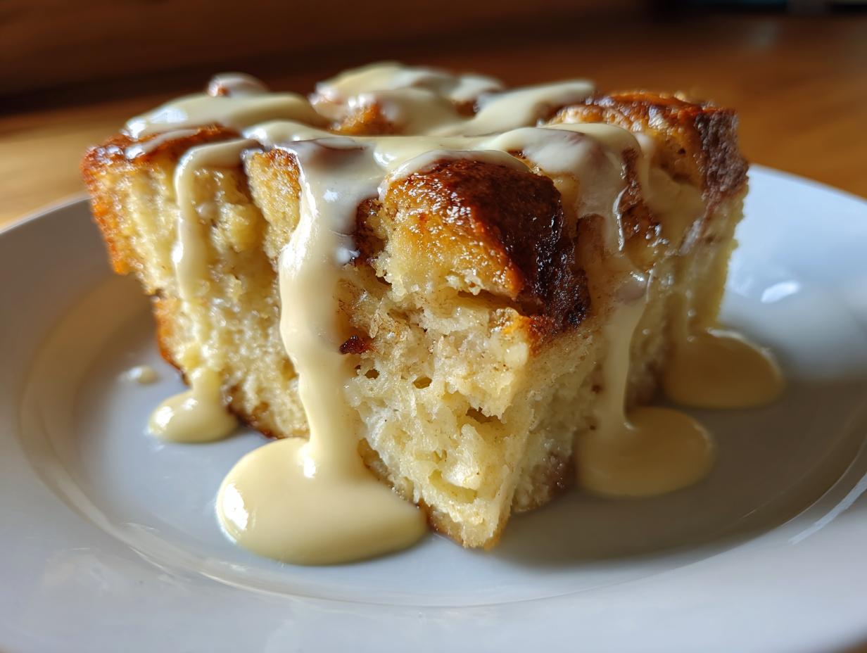 A close-up shot of a square slice of golden brown bread pudding generously topped with creamy vanilla sauce.