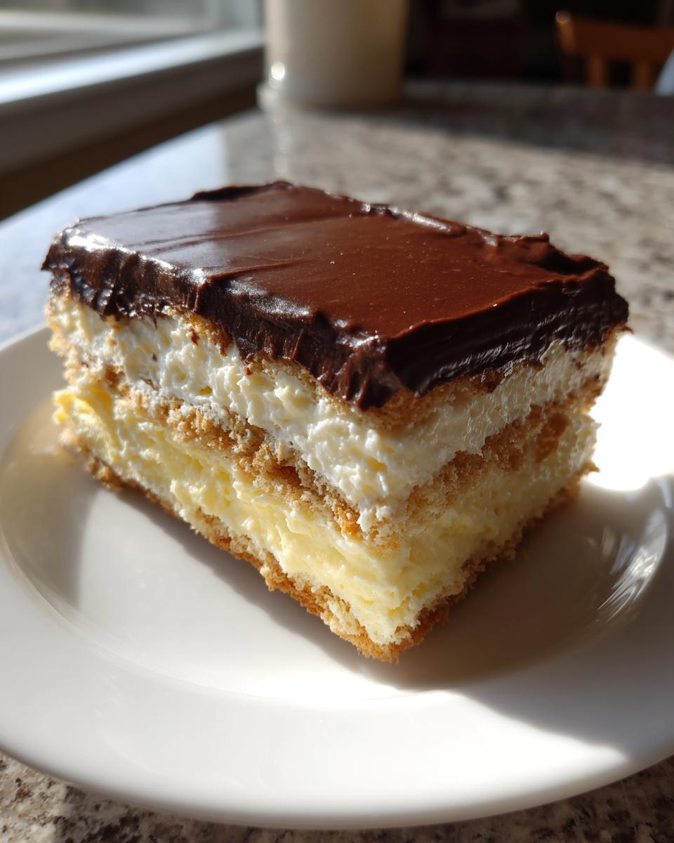 A rectangular slice of eclair cake featuring layers of crust, vanilla cream, whipped topping, and dark chocolate ganache.
