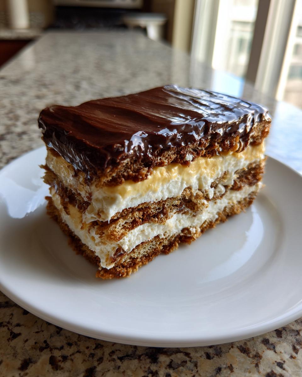 A tall slice of eclair cake featuring layers of graham crackers, cream filling, and topped with shiny chocolate frosting.