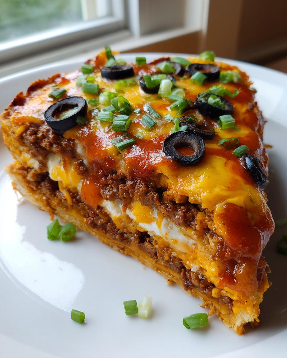 A thick, layered slice of mexican pizza topped with melted cheese, black olives, and green onions.