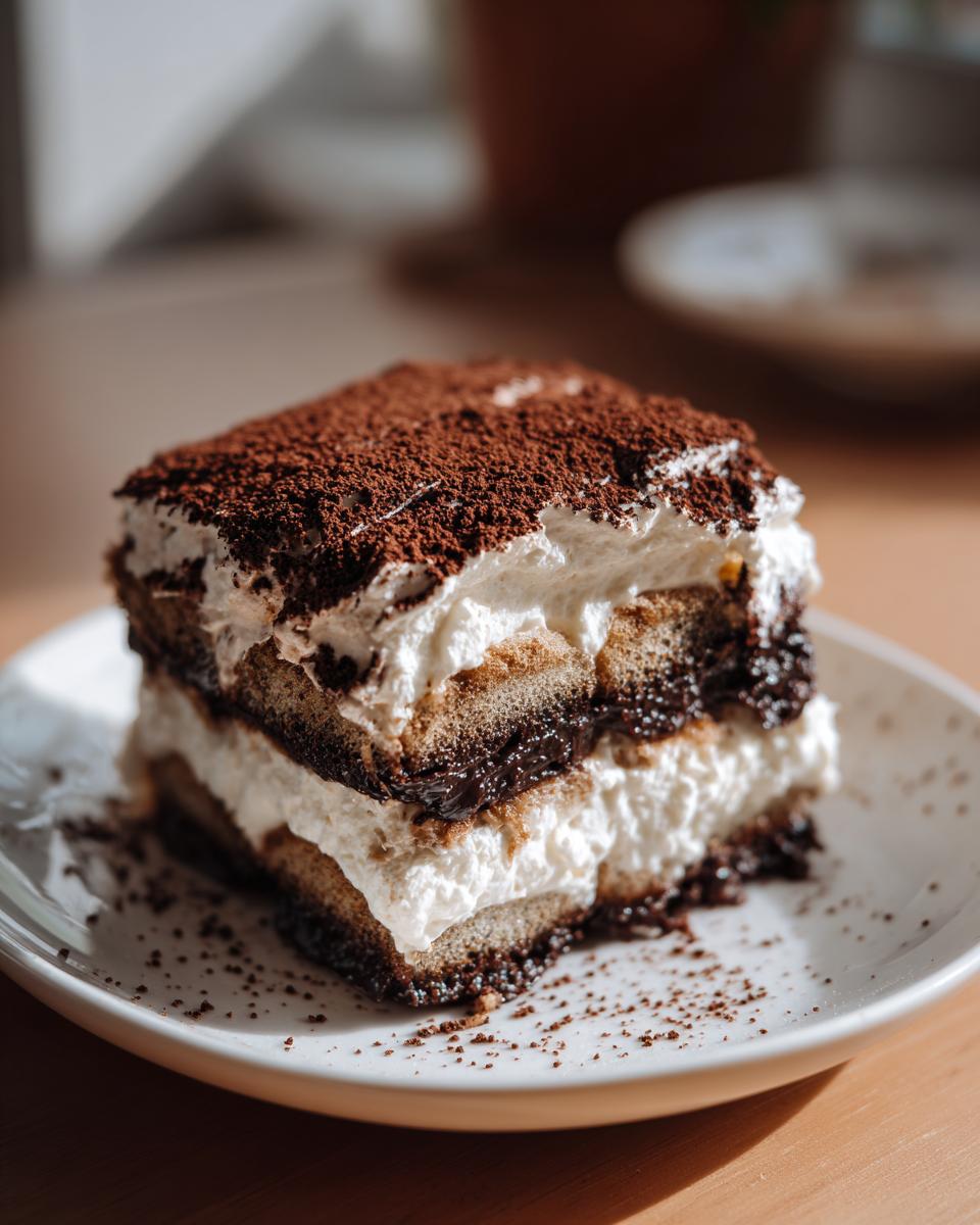 A rich, layered slice of tiramisu recipe dessert topped generously with cocoa powder, sitting on a white plate.