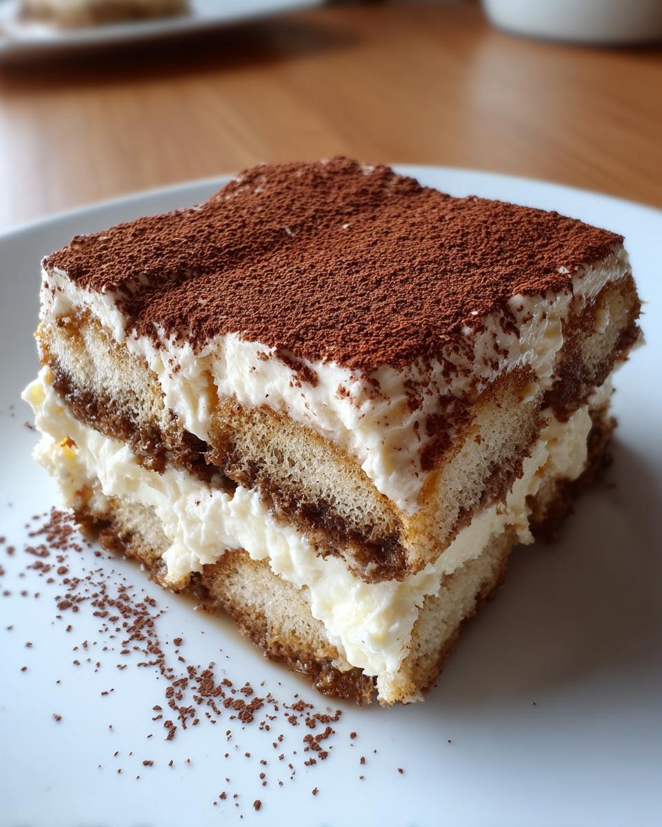 A square slice of rich tiramisu recipe layered with cream and coffee-soaked ladyfingers, dusted heavily with cocoa powder.
