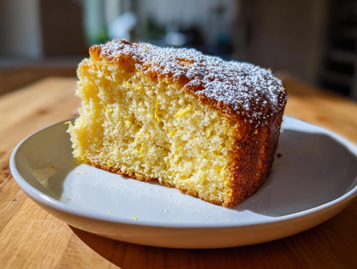 A thick slice of moist, yellow olive oil cake dusted with powdered sugar, sitting on a white plate.