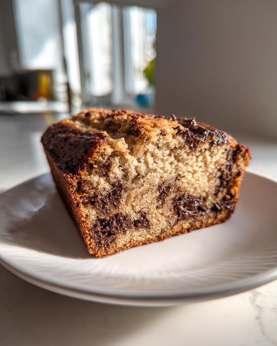 A close-up slice of moist peanut butter banana bread loaded with melted chocolate chips.