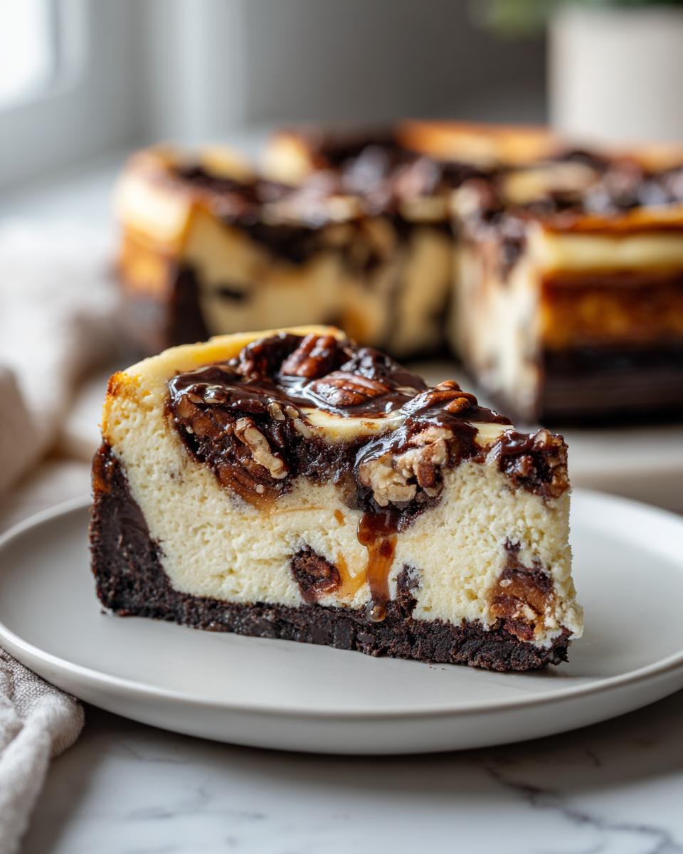 A decadent slice of turtle cheesecake with a chocolate crust, creamy filling, and caramel pecan topping.