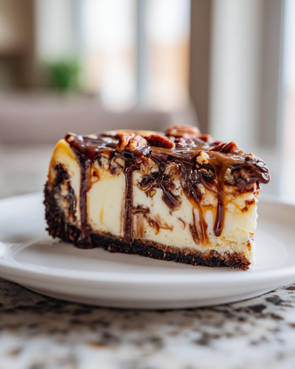 A decadent slice of turtle cheesecake with a dark crust, creamy filling, topped with pecans, chocolate, and dripping caramel sauce.