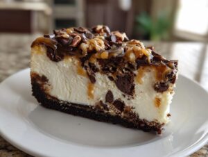 A decadent slice of turtle cheesecake featuring a thick cream cheese layer, chocolate chunks, and a topping of caramel, pecans, and chocolate chips.