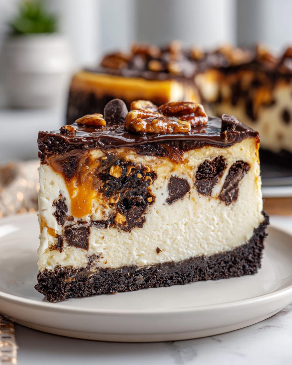 A thick slice of turtle cheesecake featuring a dark crust, creamy filling with chocolate chunks, caramel drizzle, and pecans on top.