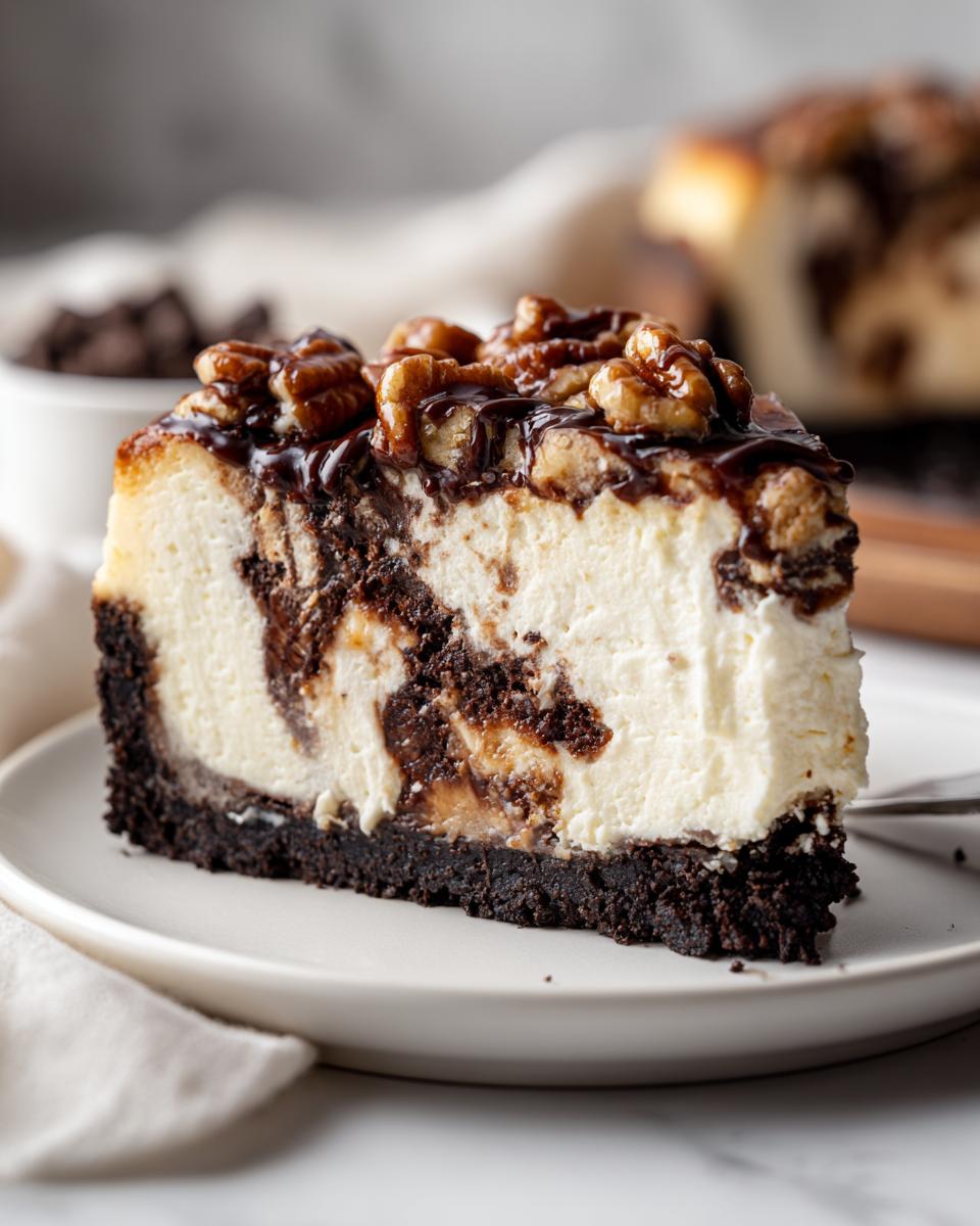 A decadent slice of turtle cheesecake featuring a dark crust, swirled filling, and topped with caramel, chocolate, and pecans.