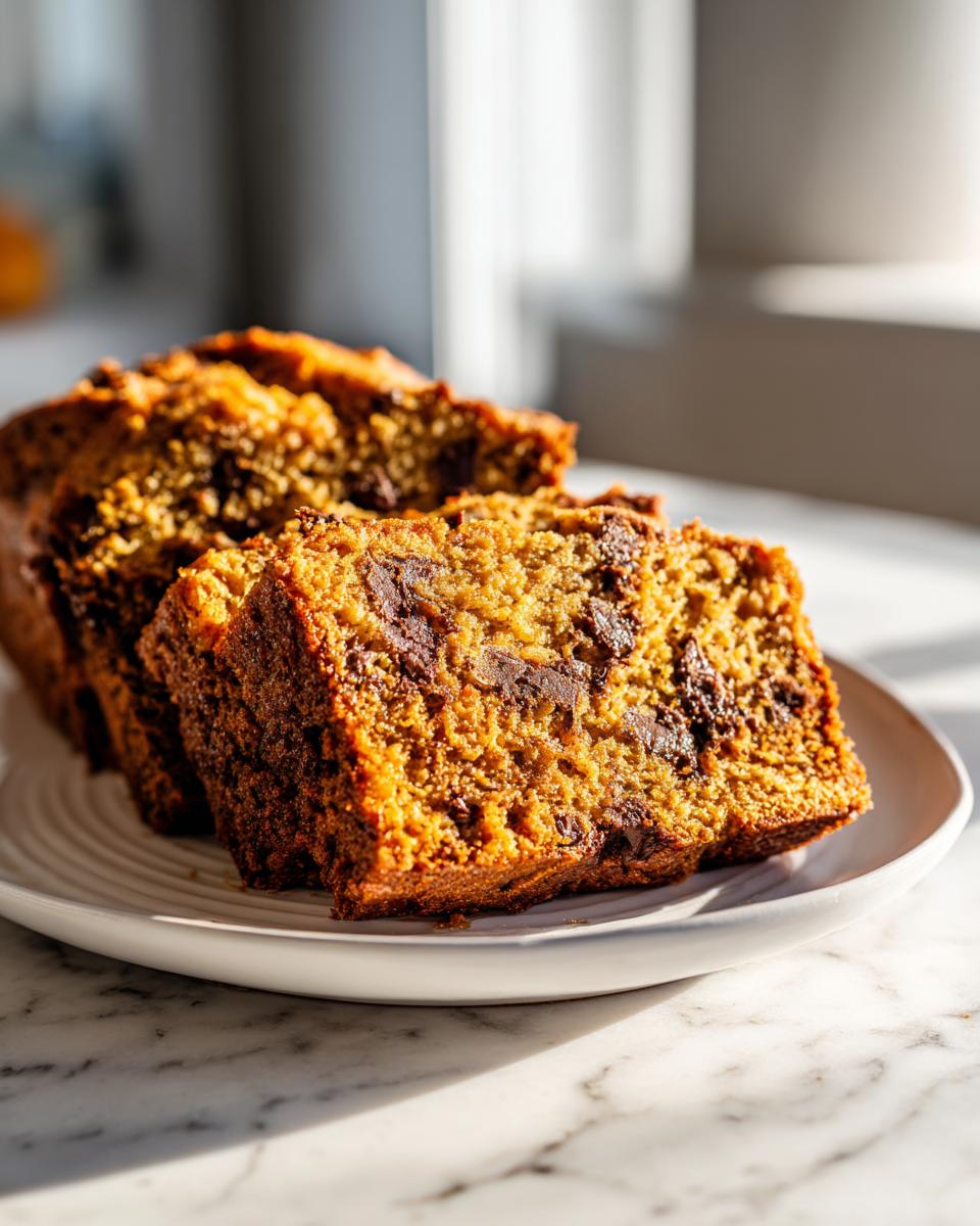Close-up of thick slices of moist peanut butter banana bread studded with chocolate chips on a white plate.