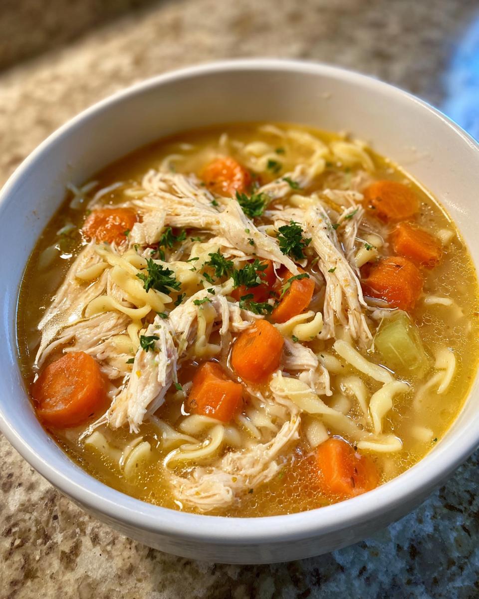 Close-up of a white bowl filled with rich broth, shredded chicken, egg noodles, and bright orange carrots in slow cooker chicken noodle soup.