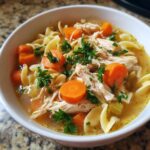 Close-up of a bowl of hot slow cooker chicken noodle soup, featuring shredded chicken, egg noodles, and sliced carrots.