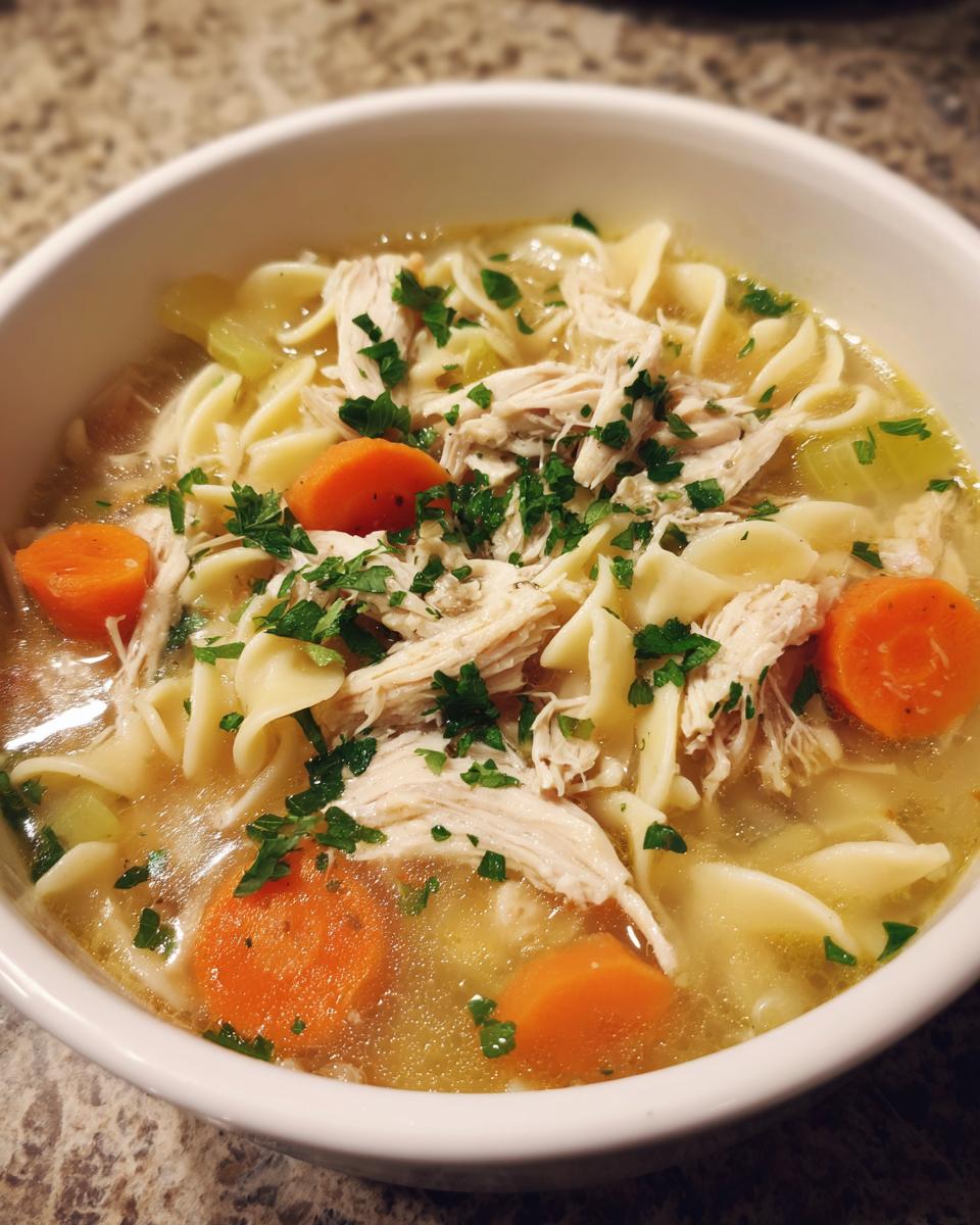 Close-up of a white bowl filled with rich slow cooker chicken noodle soup, featuring shredded chicken, egg noodles, and bright carrot slices.