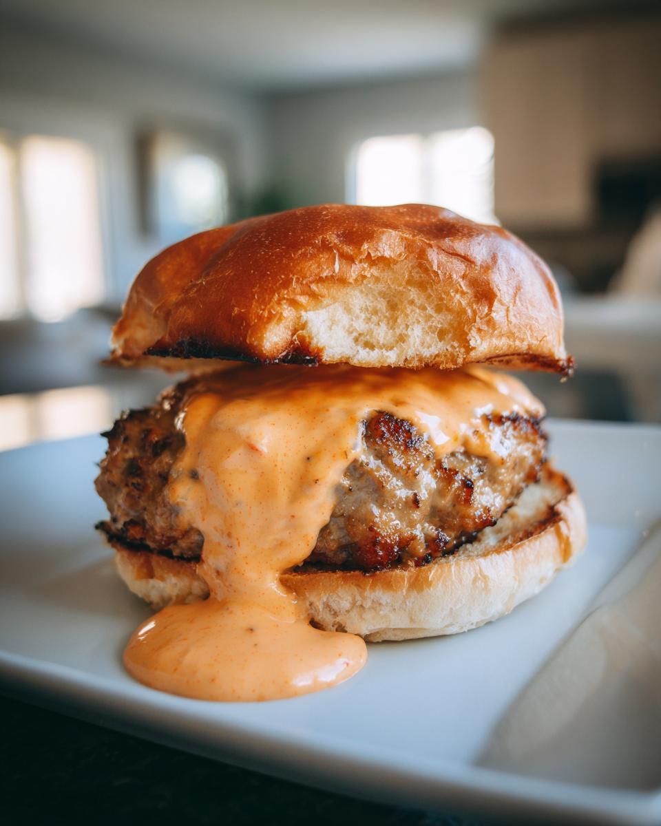 Close-up of a juicy smash burger patty generously covered in orange smash burger sauce, served on a brioche bun.