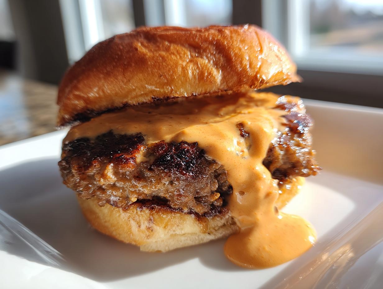 Close-up of a juicy smash burger generously covered in orange smash burger sauce dripping onto a white plate.