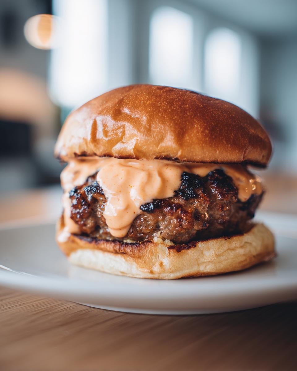 A juicy smash burger dripping with creamy smash burger sauce on a toasted brioche bun.
