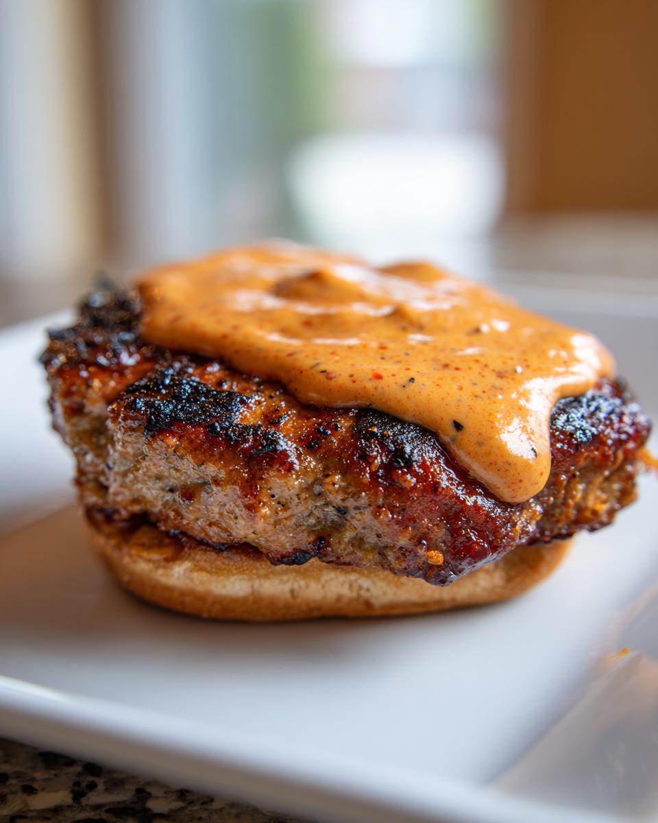 Close-up of a juicy, charred smash burger patty topped generously with orange-hued smash burger sauce.