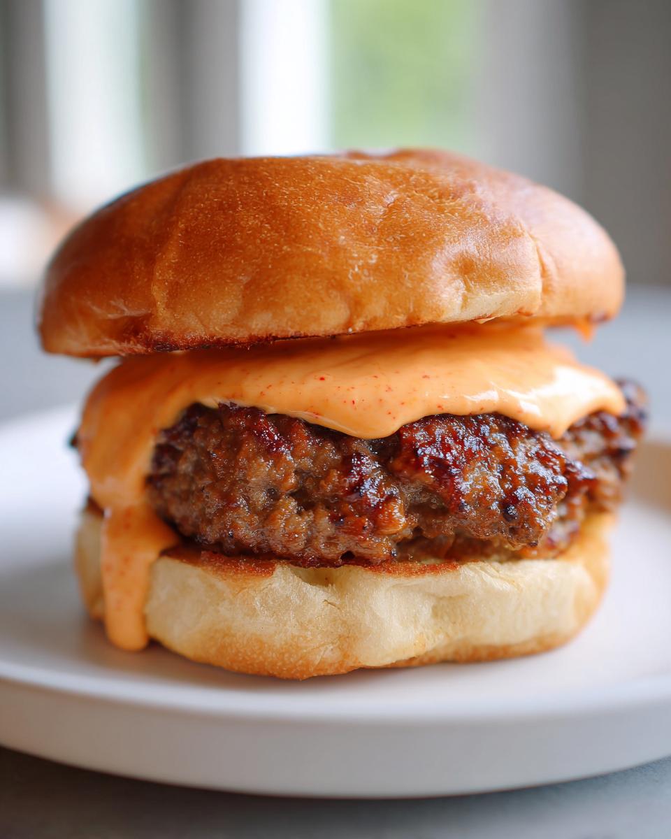 Close-up of a juicy smash burger patty topped generously with creamy orange smash burger sauce on a toasted bun.