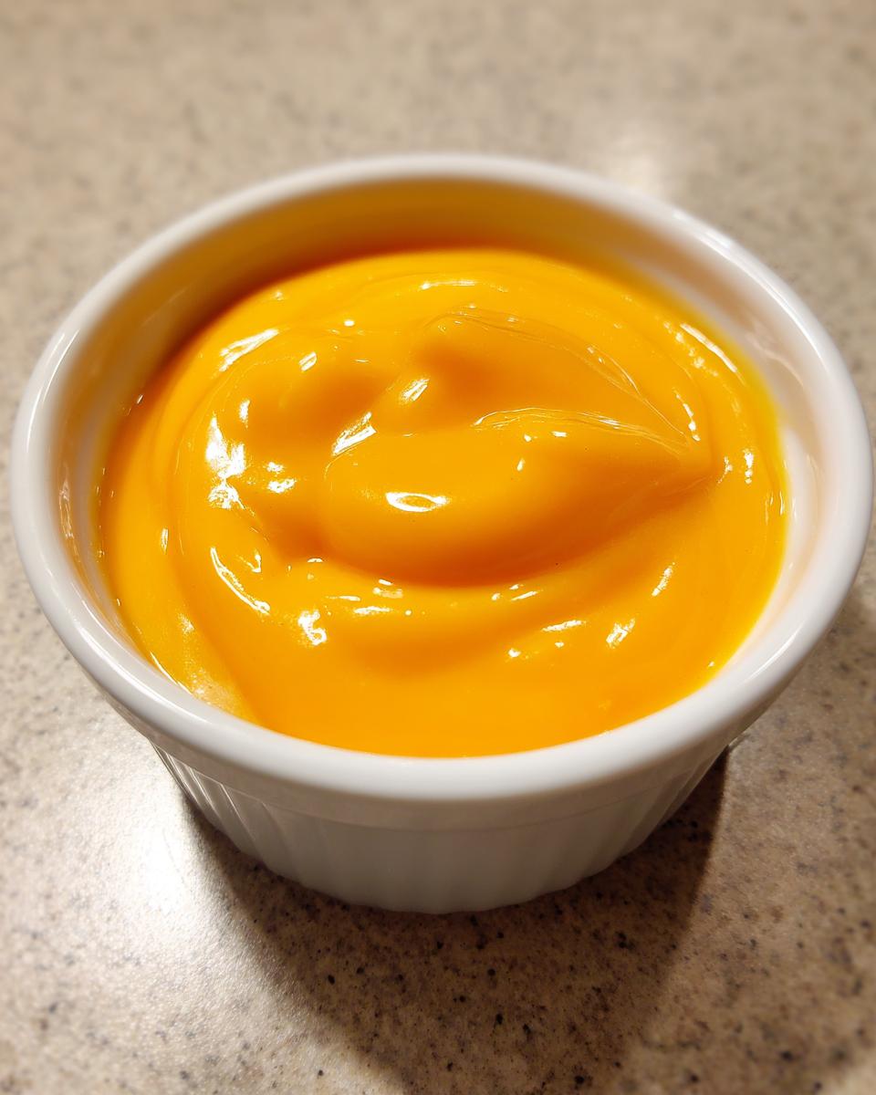 Close-up of a small white ramekin filled with bright orange, smooth nacho cheese sauce.