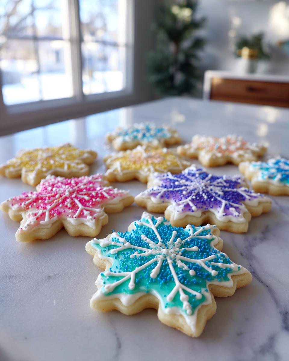 Close-up of snowflake sugar cookies decorated with vibrant, hardened cookie icing and sprinkles.