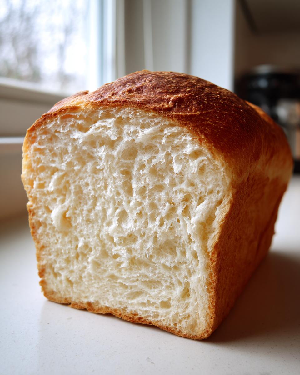 A close-up of a freshly baked milk bread loaf cut in half, showing its fluffy white interior and golden crust.