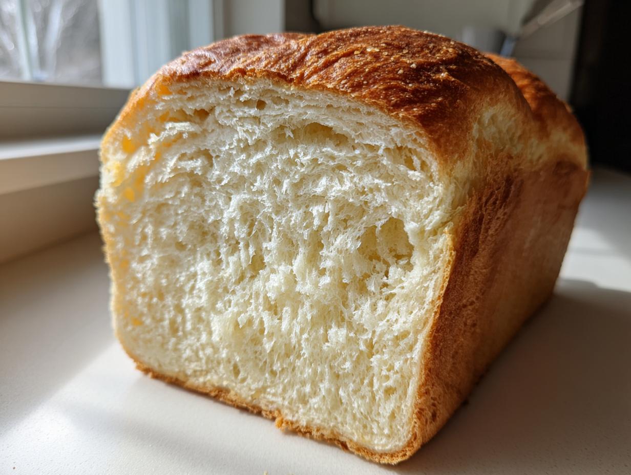 A loaf of freshly baked milk bread, showing its incredibly soft, white crumb texture and golden-brown crust.