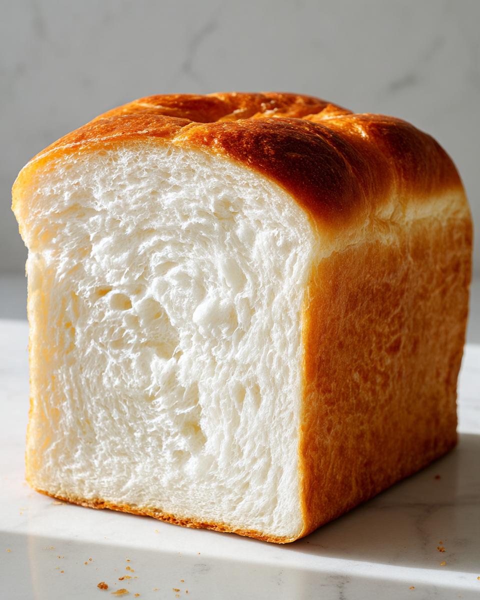 A freshly baked loaf of milk bread, sliced to show its incredibly soft, white, and fluffy interior crumb.