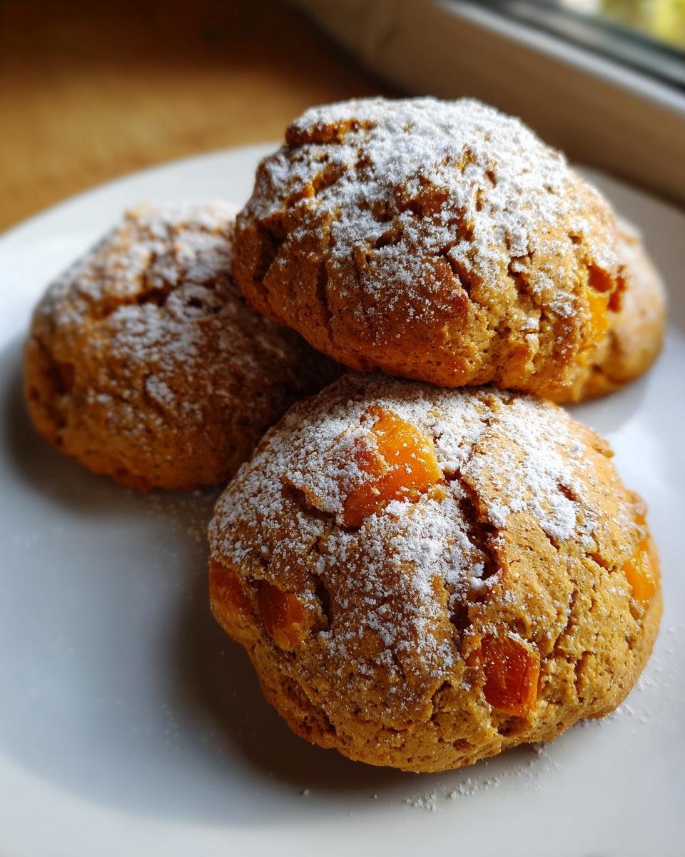 Three soft persimmon cookies piled on a white plate, dusted generously with powdered sugar.