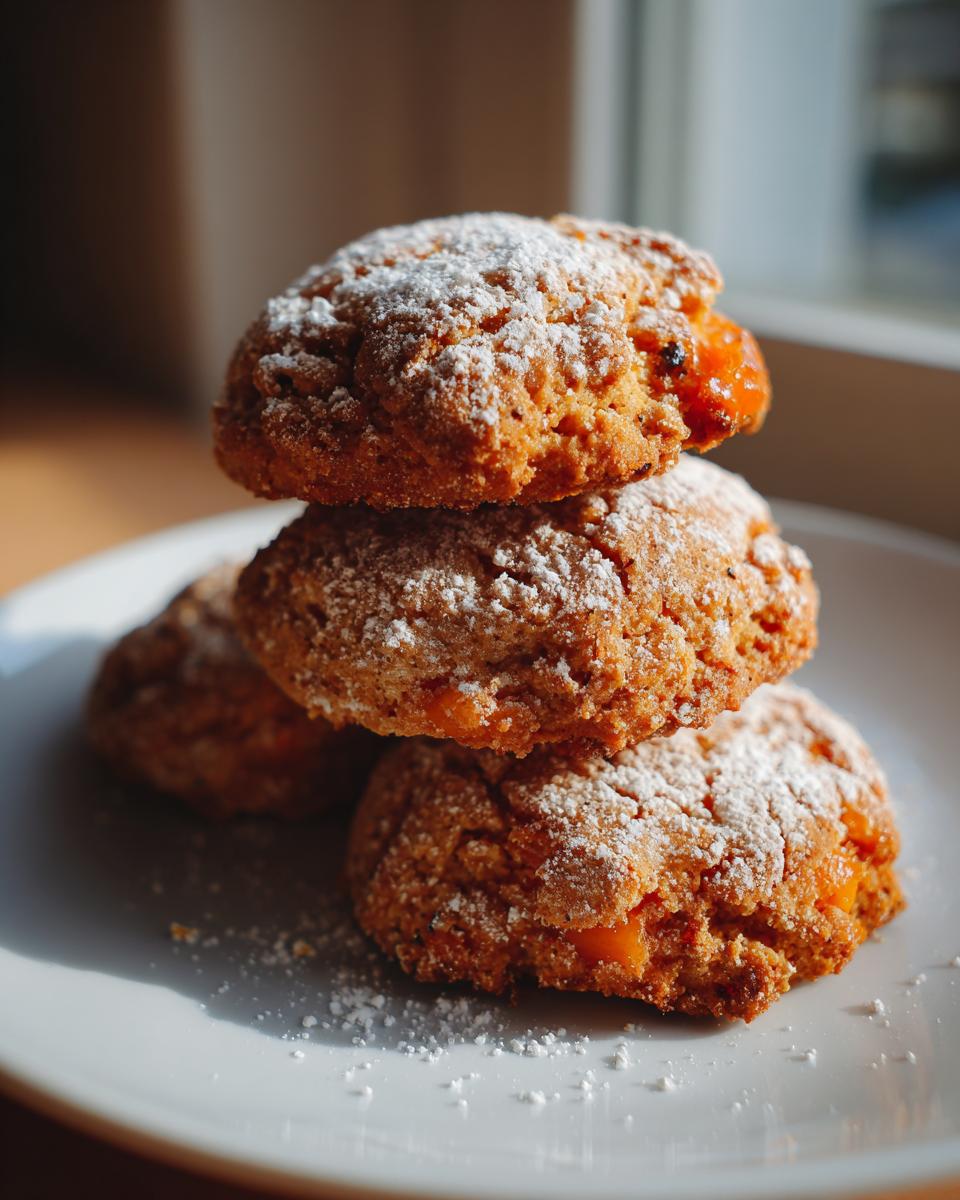A stack of three soft persimmon cookies, dusted heavily with powdered sugar, sitting on a white plate.