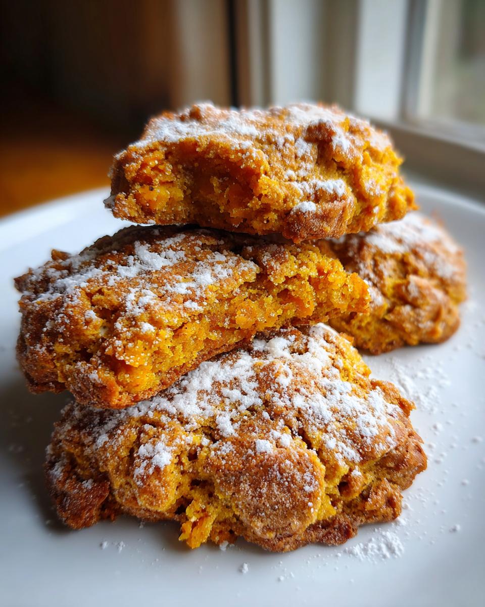 Close-up of three soft persimmon cookies stacked on a white plate, generously dusted with white powdered sugar.