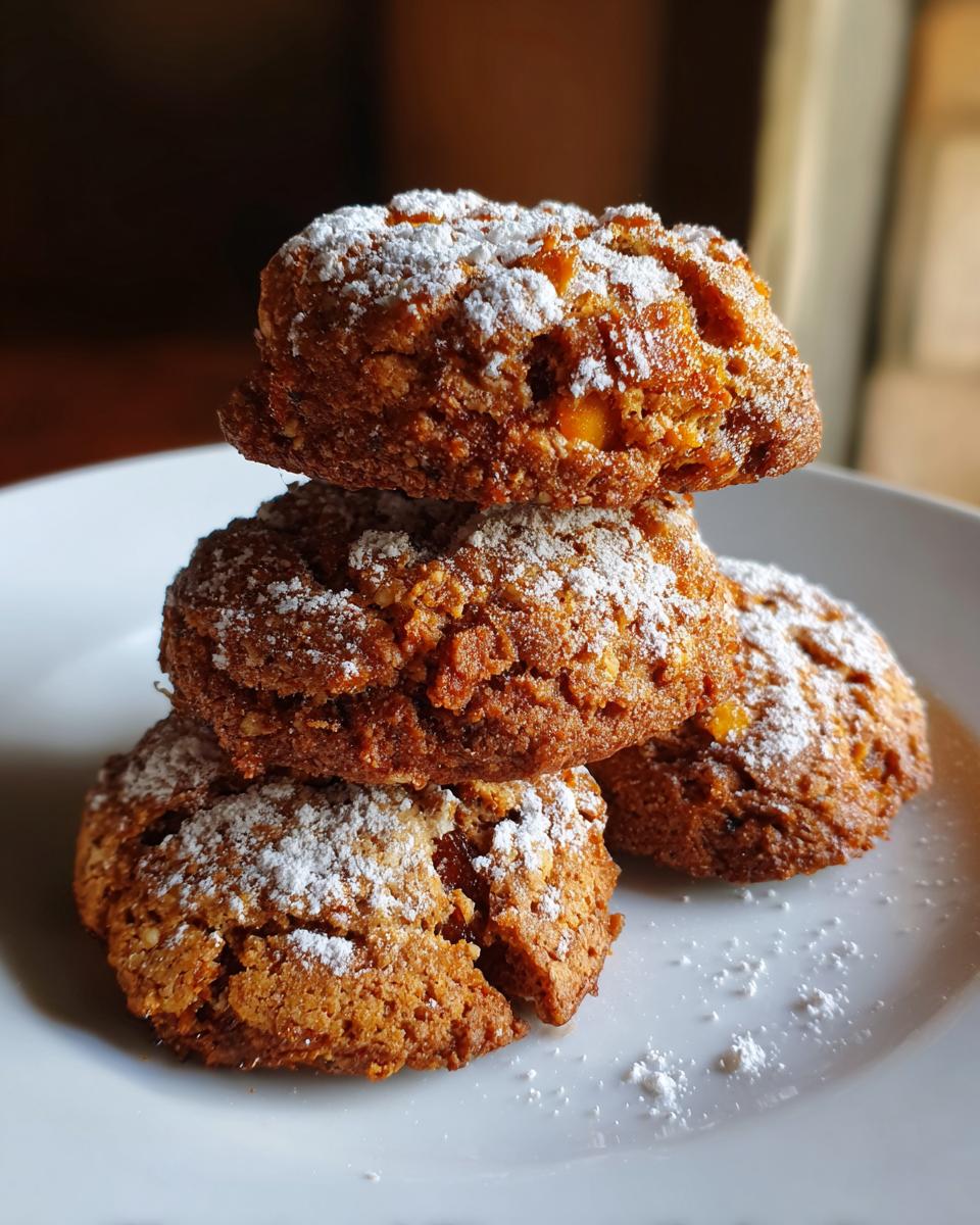 A stack of three soft persimmon cookies generously dusted with white powdered sugar on a white plate.