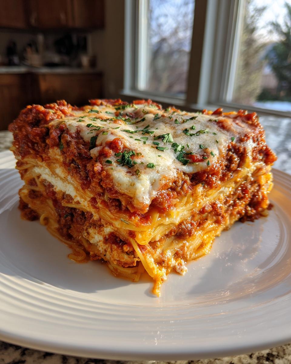 A thick, layered slice of spaghetti pie topped with melted cheese and parsley, ready to eat.
