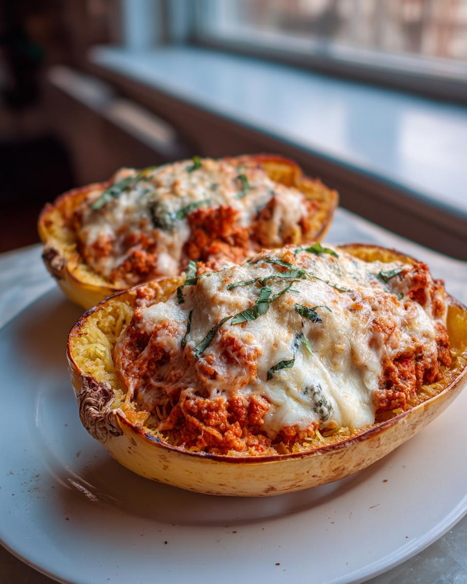 Two halves of baked spaghetti squash lasagna topped with melted cheese and fresh basil.