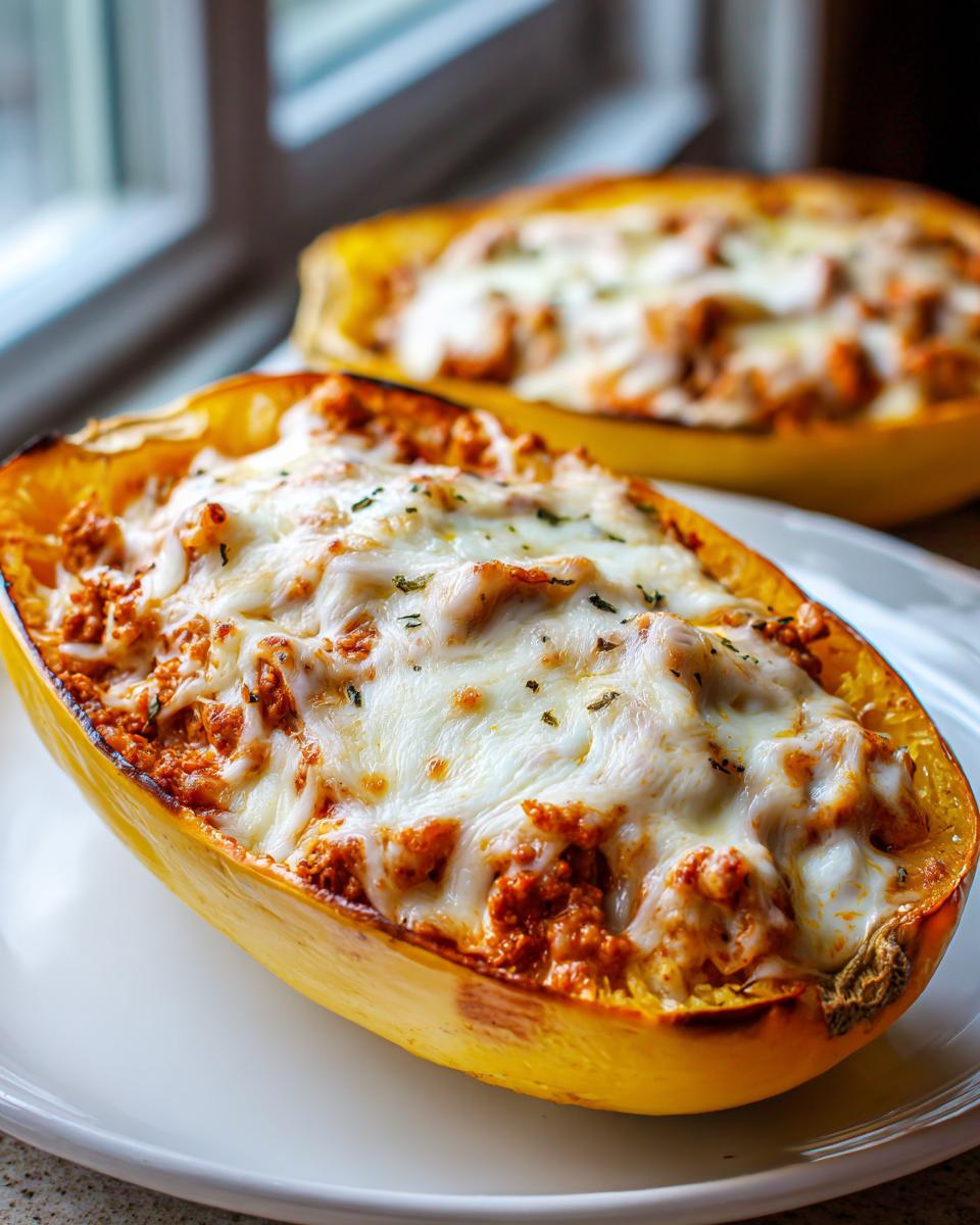 Close-up of a baked spaghetti squash lasagna half filled with meat sauce and melted mozzarella cheese.