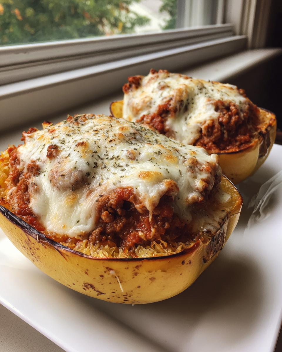 Two halves of baked spaghetti squash stuffed with meat sauce and melted mozzarella cheese, ready to eat as spaghetti squash lasagna.
