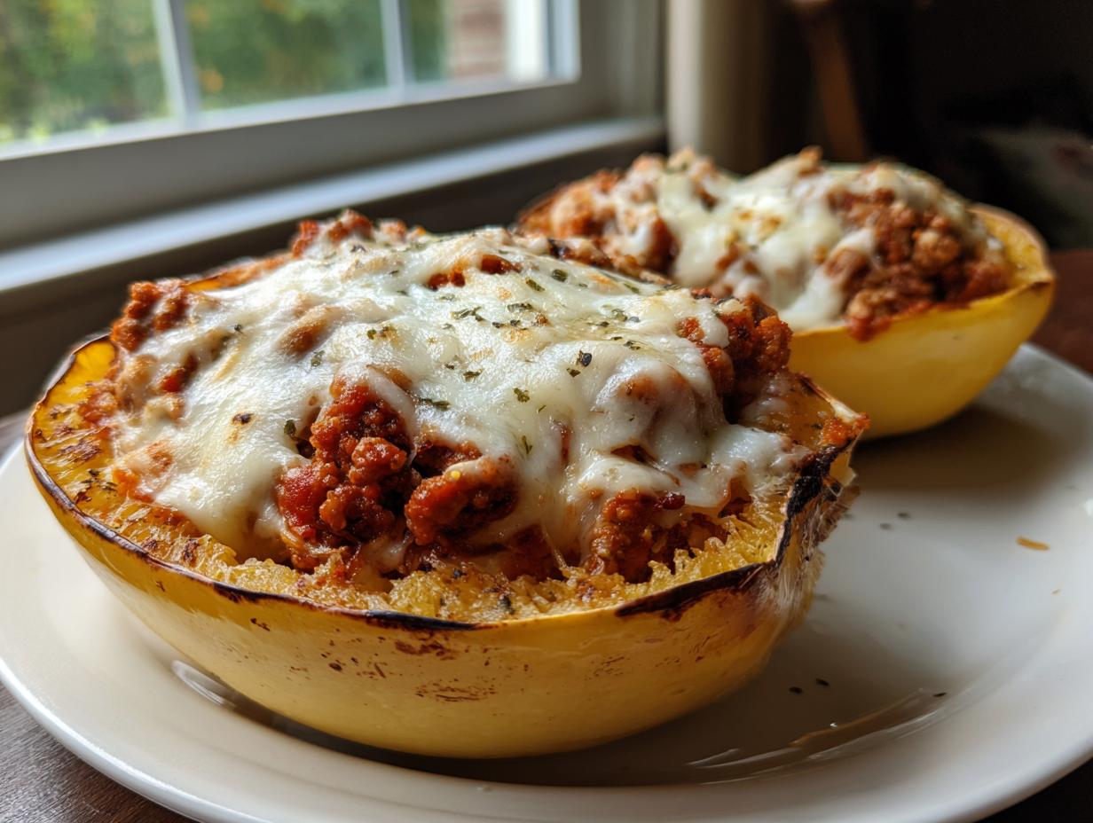 Two halves of baked spaghetti squash lasagna stuffed with meat sauce and melted mozzarella cheese.