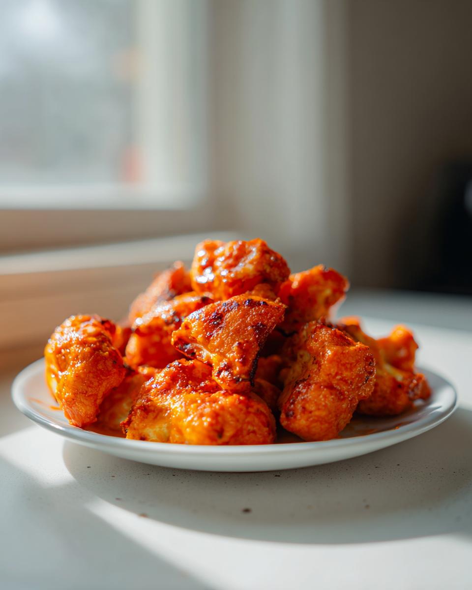 Close-up of crispy, saucy buffalo cauliflower pieces piled on a small white plate.