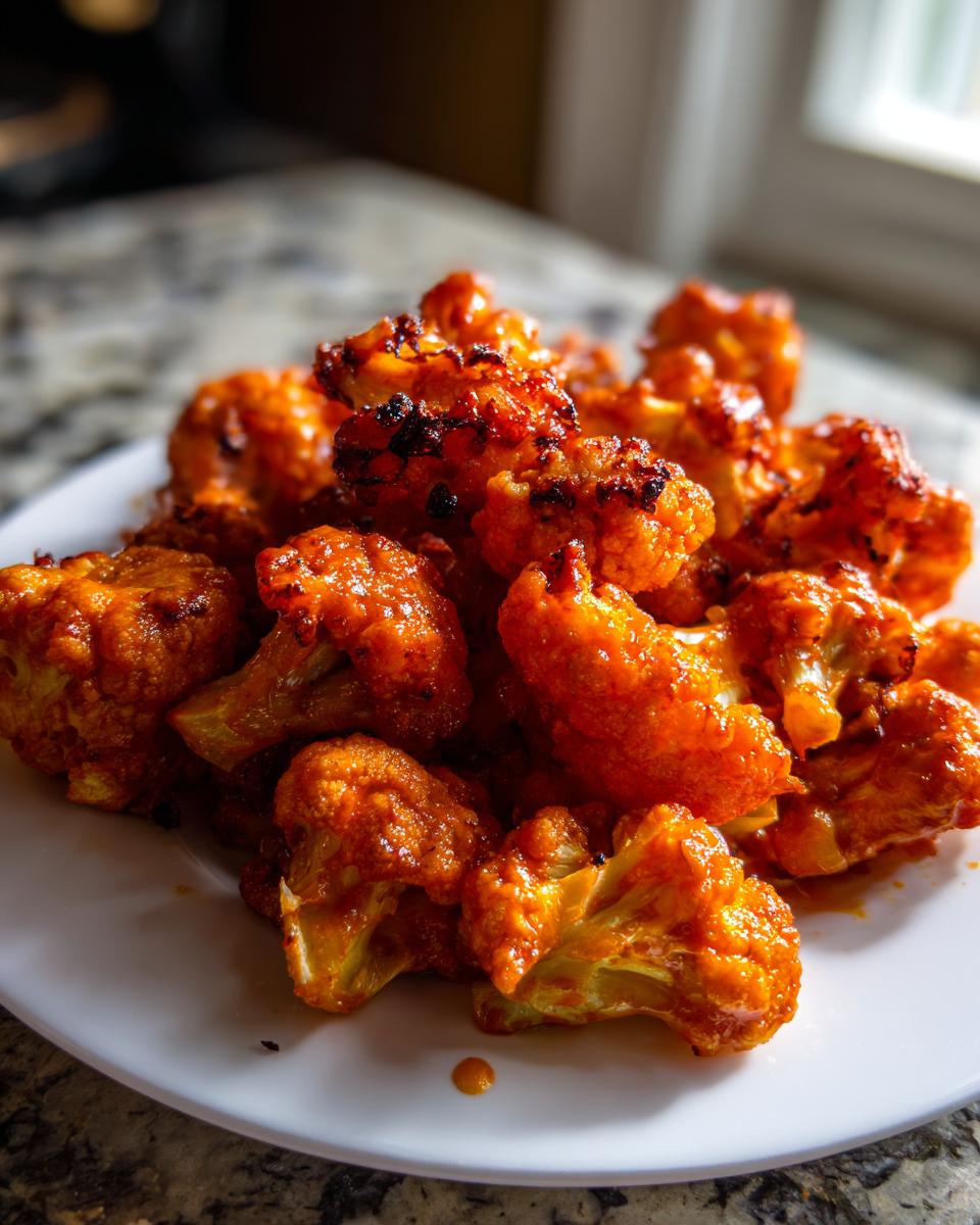 A pile of vibrant orange, saucy buffalo cauliflower florets served on a white plate.
