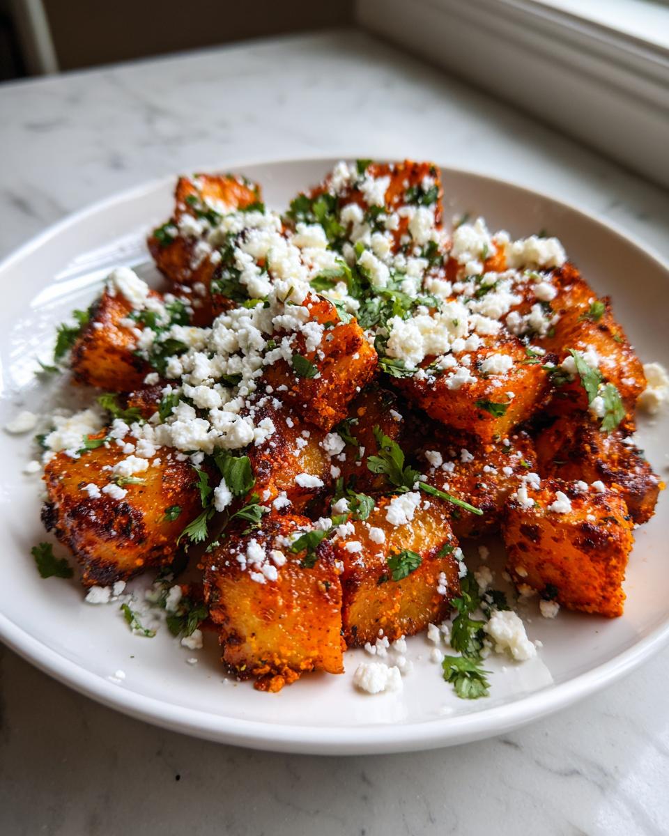 A white plate piled high with seasoned, roasted Mexican potatoes, topped with crumbled white cheese and fresh cilantro.
